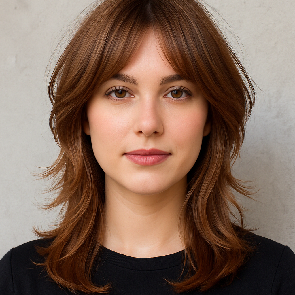 Caramel Brown Wolf Cut With Layered Curtain Bangs