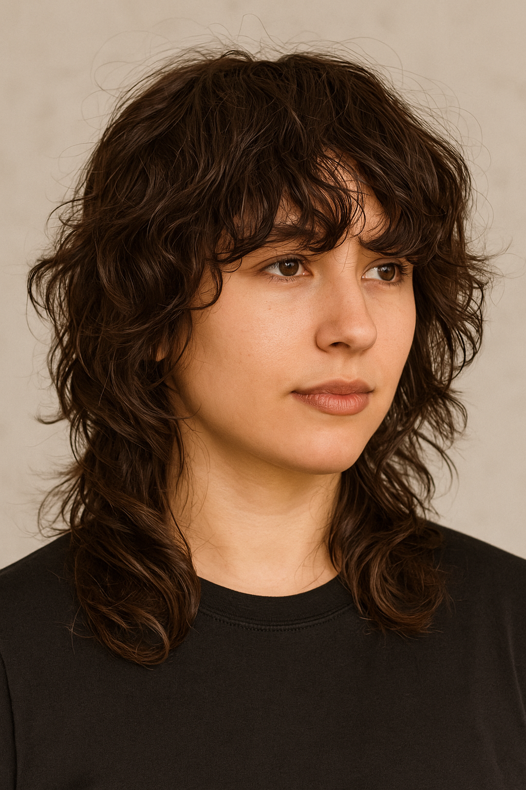 Espresso Brown Wolf Cut With Curly Fringe
