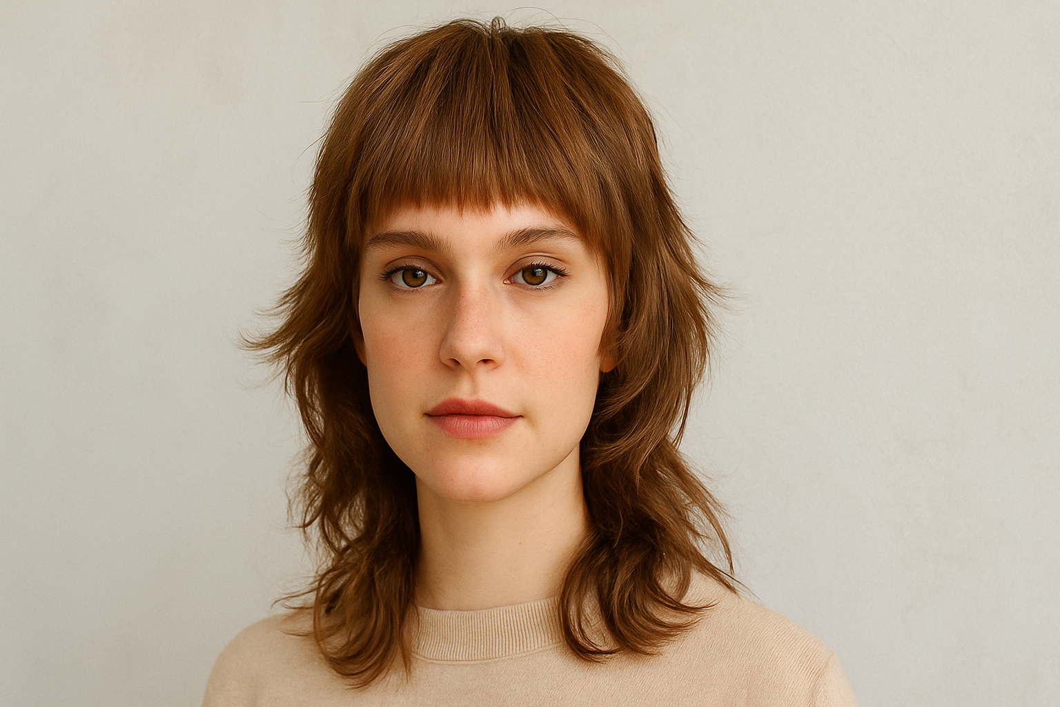 Light Brown Shaggy Wolf Mullet With Blunt Bangs