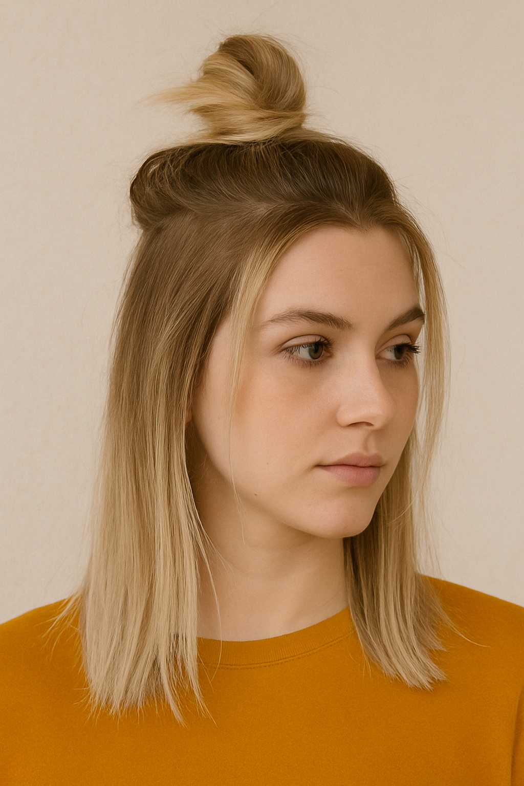 Messy Top Knot With Root Shadow Blonde
