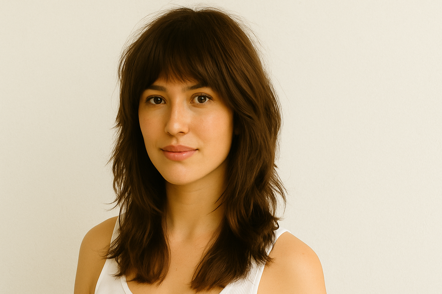 Mocha Brown Wolf Cut With Blunt Fringe And Face-framing Layers