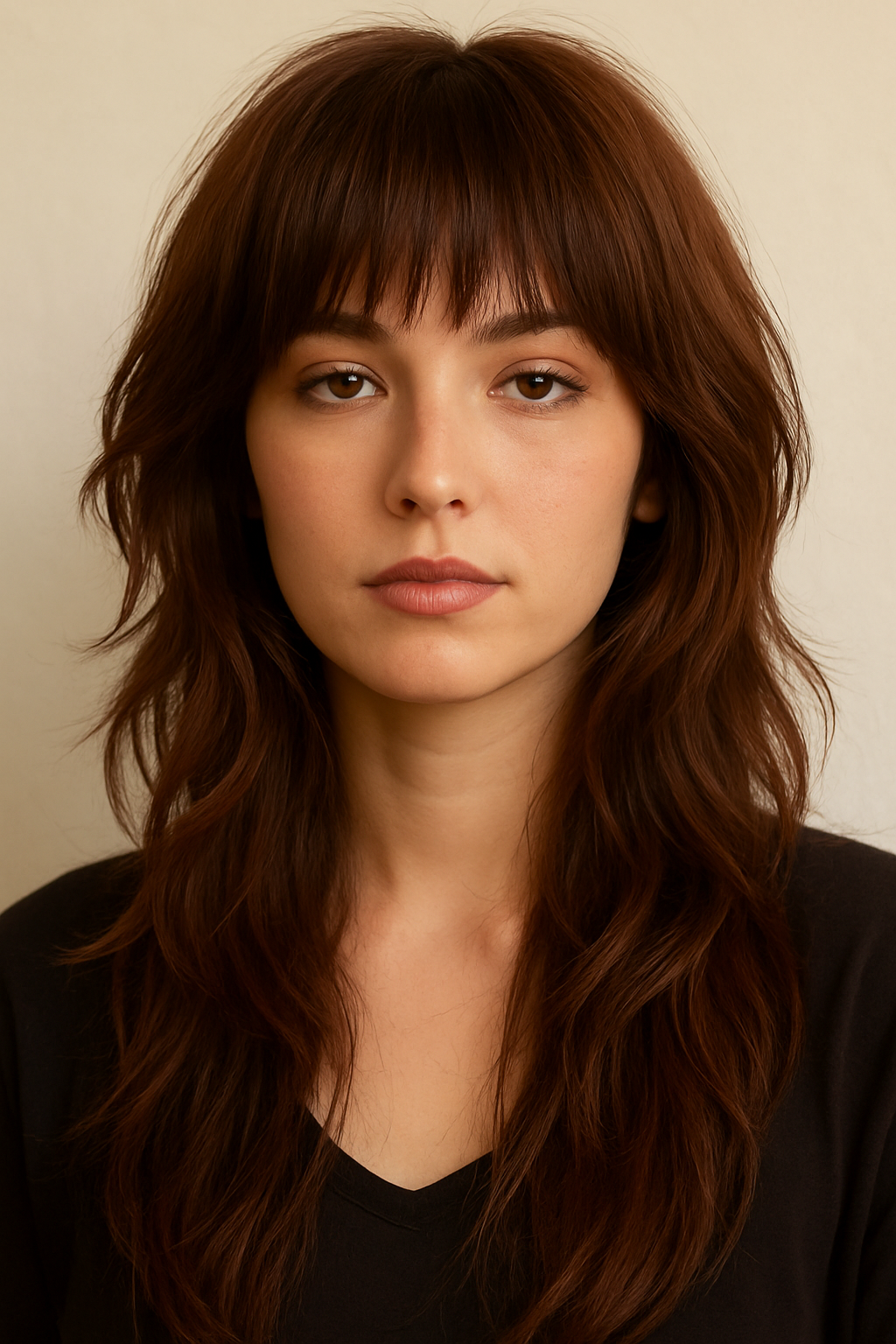 Very Long Sepia Brown Wolf Cut With Choppy Bangs